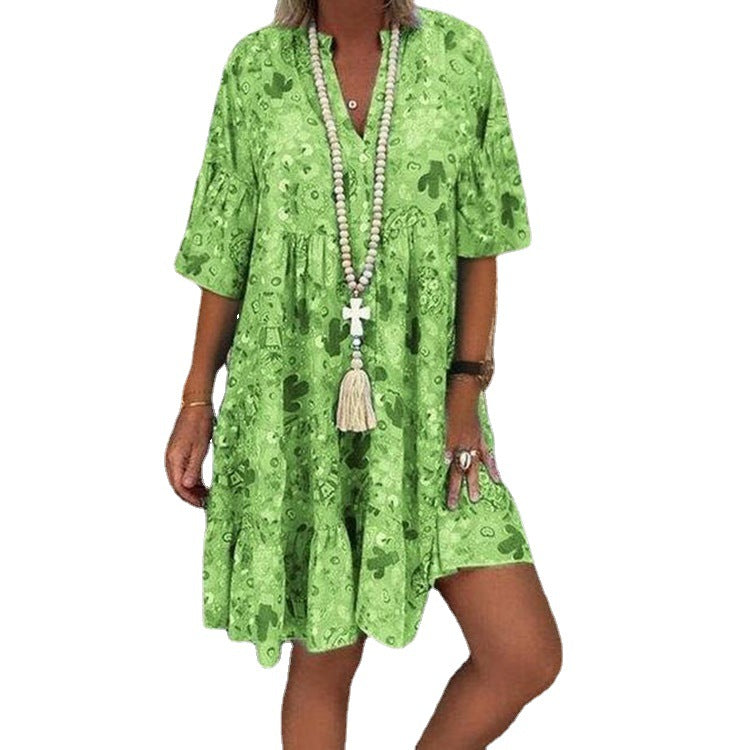 Damen nan A-Linien-Tunika-Minikleid mit V-Ausschnitt, stufigem Volant und Boho-Bandana-Print Drune