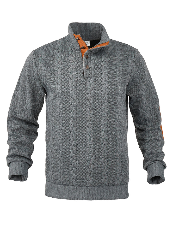 Herren nan Zopfmuster-Pullover mit Stehkragen, halber Knopfleiste und Ellbogenpatches Drune