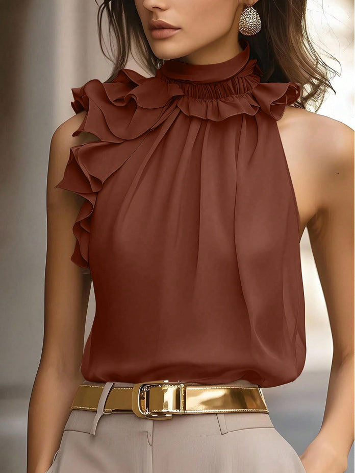 Damen Hochgeschlossenes Chiffon-Top mit Rüschenkragen und asymmetrischem Volant Drune
