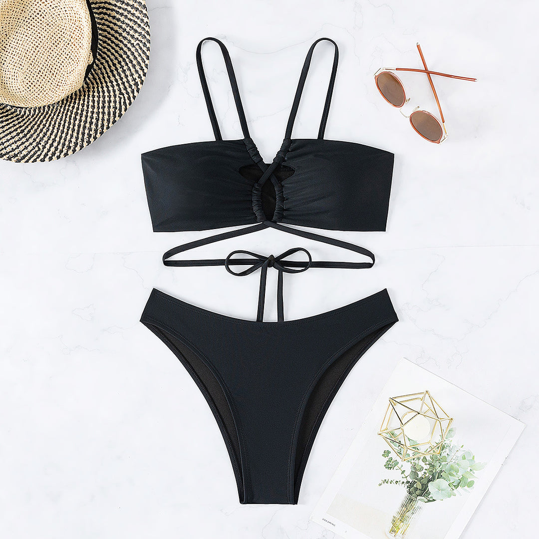 Damen Hochgeschnittenes Bikini-Set mit gekreuzten Trägern und modischen Cut-Outs Drune