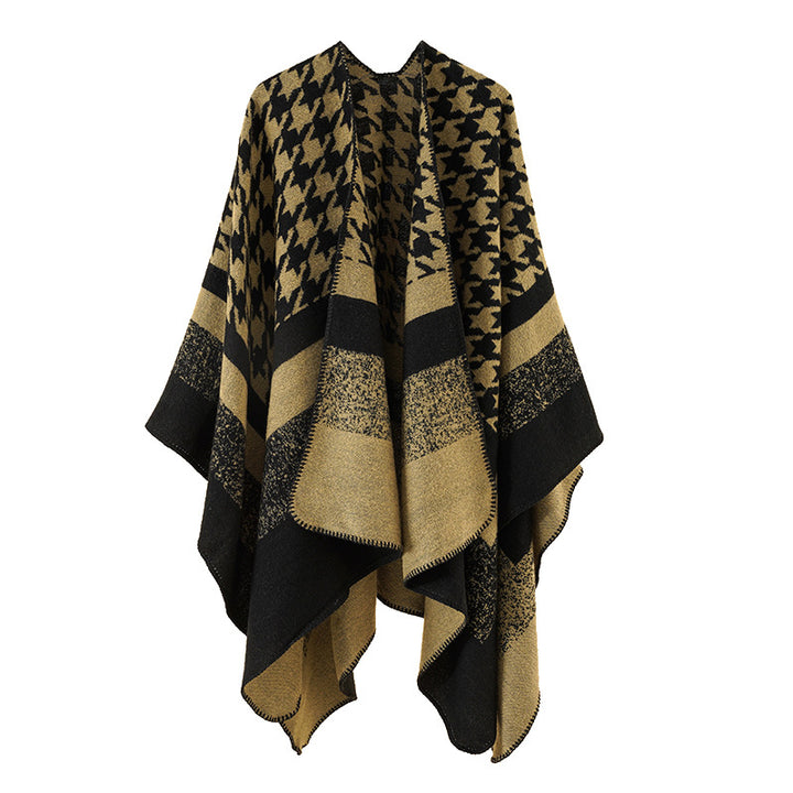 Damen Oversize‑Ruana‑Poncho aus Wollmix mit Hahnentritt- und Blockjacquard Drune