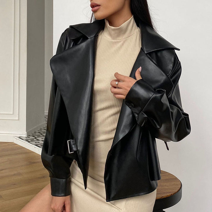 Damen Modische Kunstlederjacke mit elegantem Reverskragen und asymmetrischem Schnitt Drune