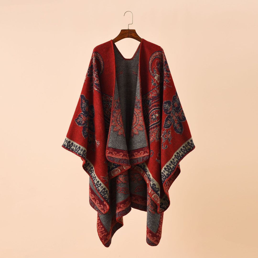 Damen Oversize Strickponcho mit Paisley-Muster und offenem Fall Drune
