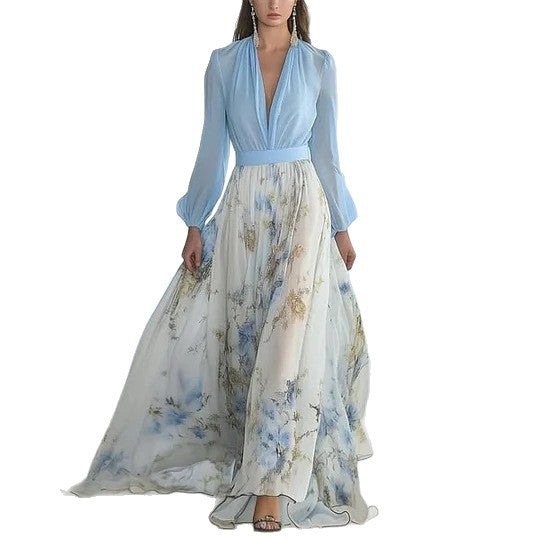 Damen nan fließendes Chiffon-Maxikleid mit tiefem V-Ausschnitt, tailliertem Bund und langem Glockenrock Drune
