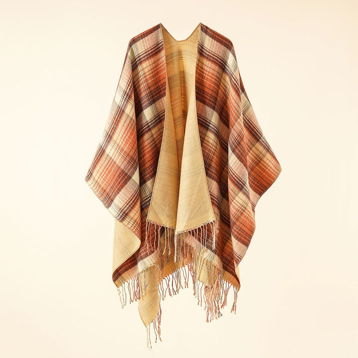 Damen Kastiger Plaid-Ruana aus leichtem Wollmix mit dekorativem Fransensaum Drune