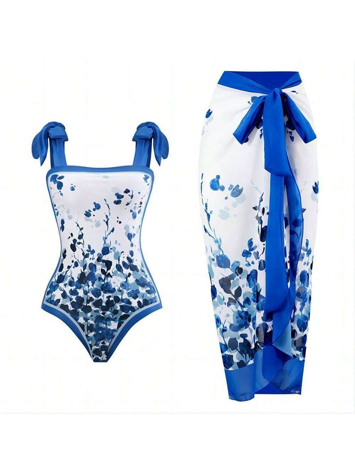 Damen Eleganter Badesuit mit floralen Akzenten und modischem Wickelrock Drune