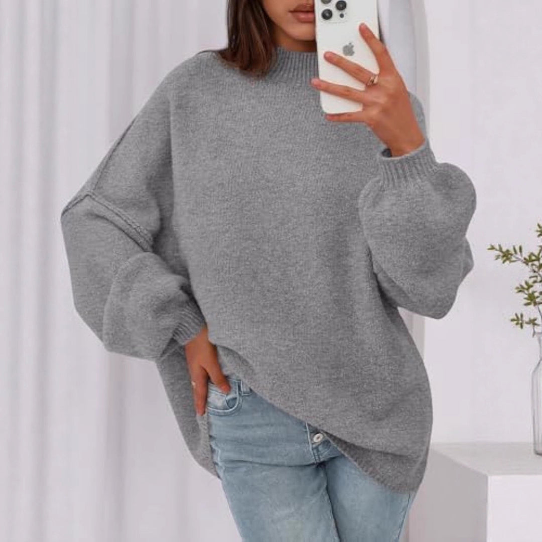 Damen Oversize-Strickpullover mit Stehkragen und Ballonärmeln Drune
