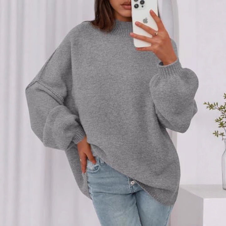 Damen Oversize-Strickpullover mit Stehkragen und Ballonärmeln Drune