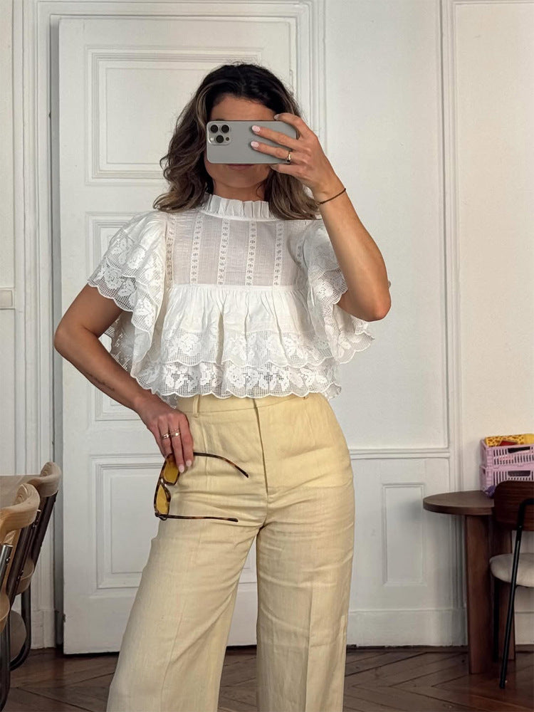 Damen Spitzenbluse im Cropped-Volantstil mit Stehkragen und Lagenrüschen Drune