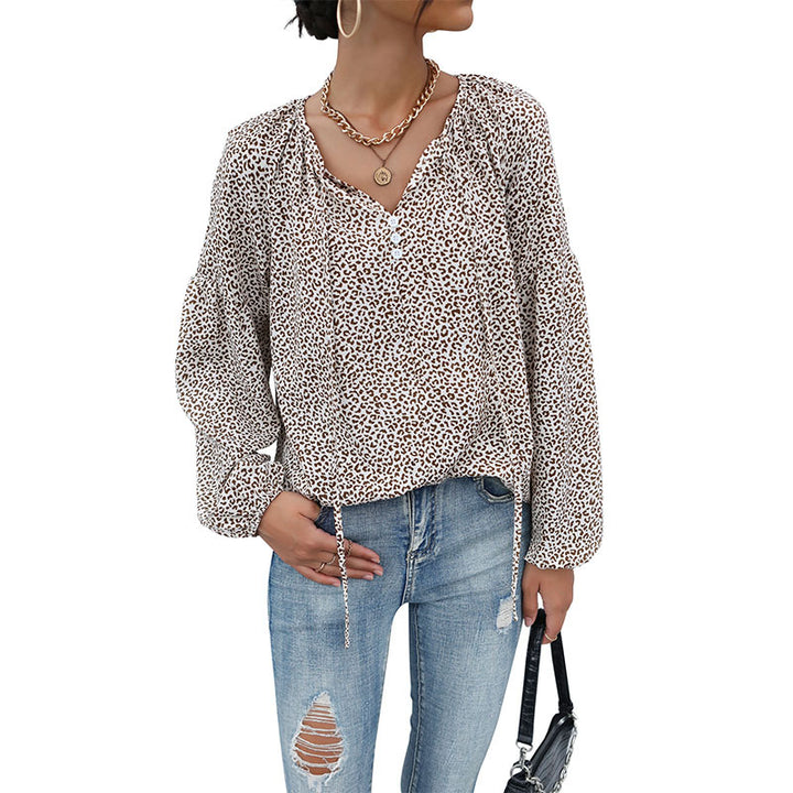 Damen Leopardenprint-Bluse mit V‑Ausschnitt, leichter Viskoseoptik und Ballonärmeln Drune