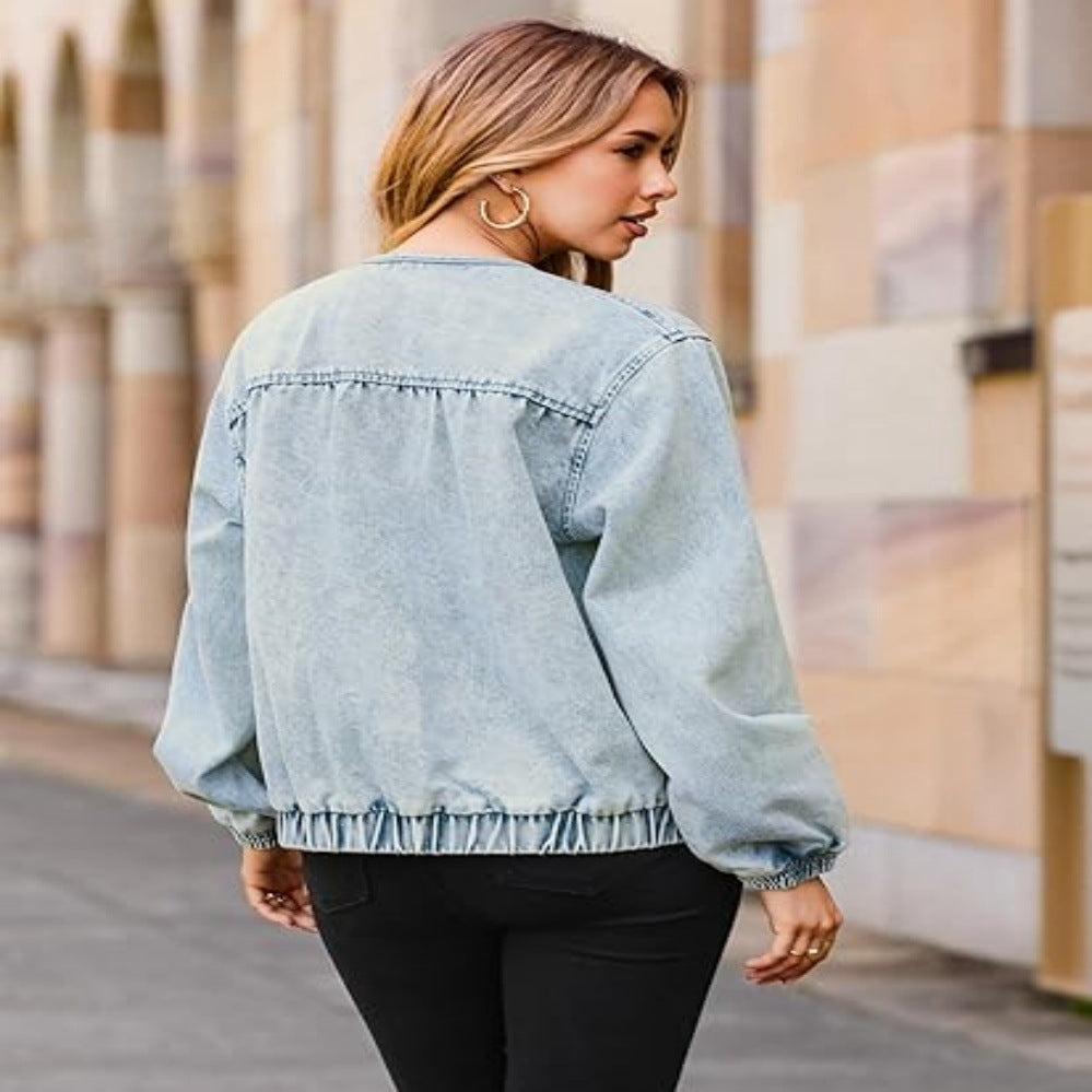 Damen Jeansblouson im Bomberstil mit Rundhals, Galonnähten und elastischem Saum Drune