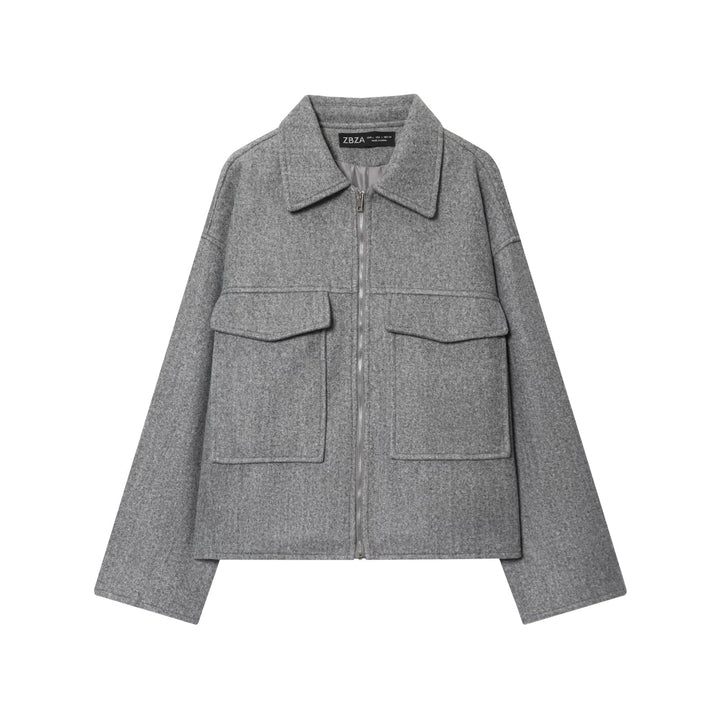 Damen nan lässige Wollmix Overshirt Jacke mit durchgehendem Reißverschluss, aufgesetzten Klapptaschen und geradem Boxy-Schnitt Drune