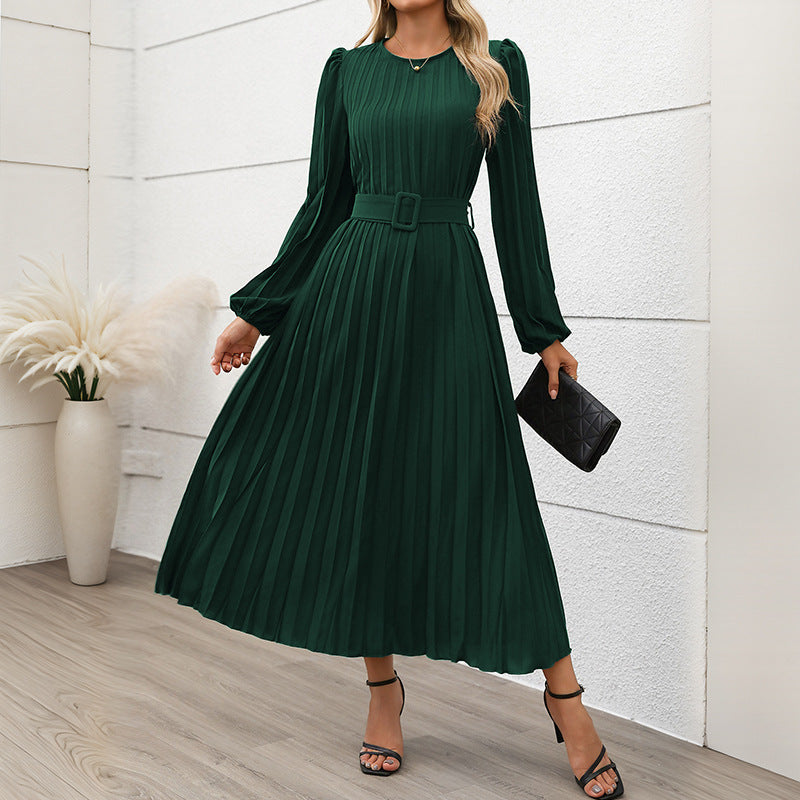 Damen Elegantes Faltenmaxikleid mit Taillengürtel Drune