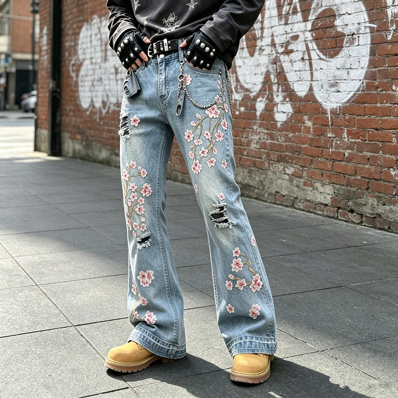 Damen Modische Flared Jeans mit Blumenstickerei Drune