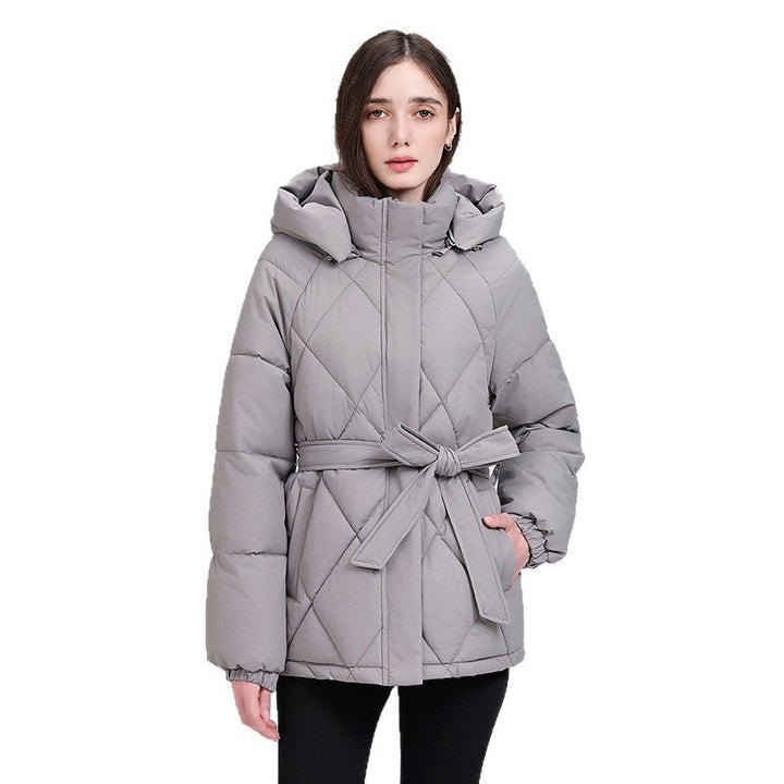 Damen nan luxuriöse kurze Pufferjacke mit integriertem Windschutzkragen und Taillengürtel Drune