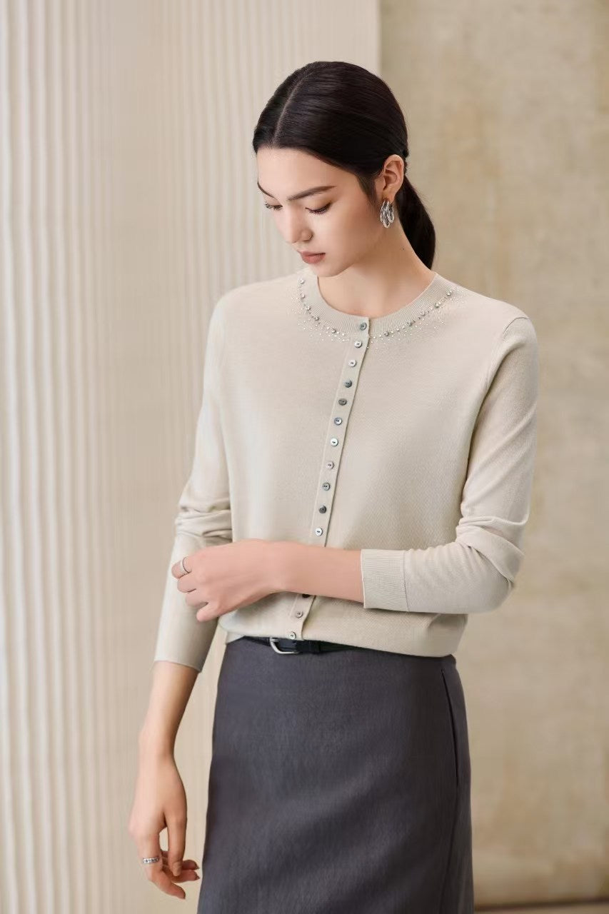 Damen Feiner Feinstrick-Cardigan mit Perlendekor am Rundhalsausschnitt Drune