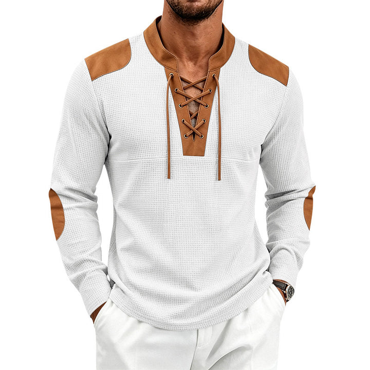 Herren Waffelstruktur-Henley mit Schnürkragen und Kunstleder-Patches Drune