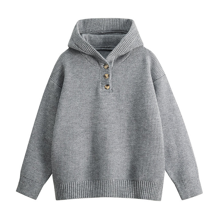Damen Relaxed Kapuzenpullover aus geripptem Strick mit Halbsteg-Knopfleiste Drune