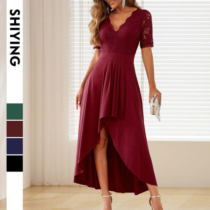 Damen elegantes Abendkleid mit tiefem V-Ausschnitt und gerafftem Rocksaum Drune