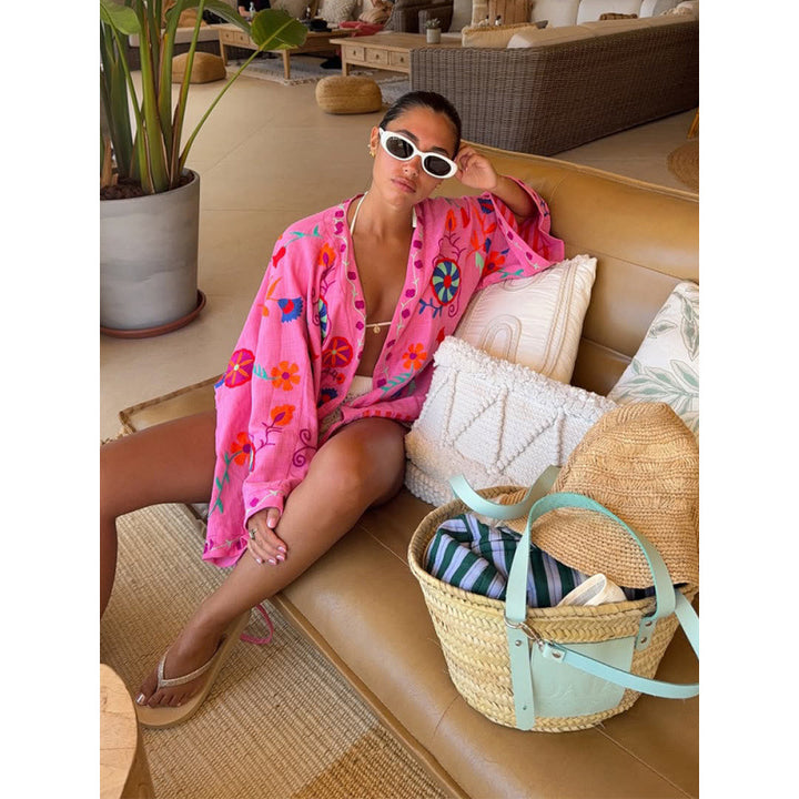 Damen Bestickter Kurzkimono mit überweiten Ärmeln und farbenfroher Boho-Stickerei Drune