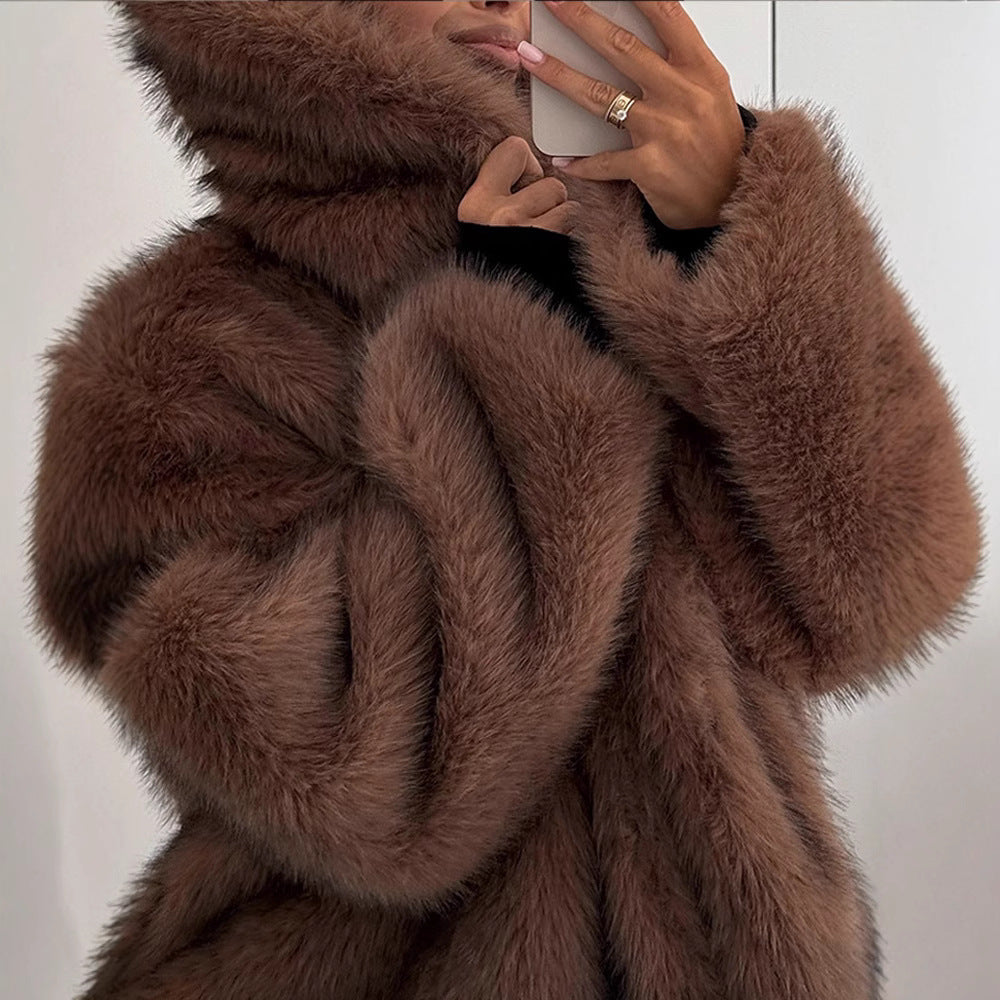 Damen stylischer Kunstfellmantel mit breitem Kragen Drune