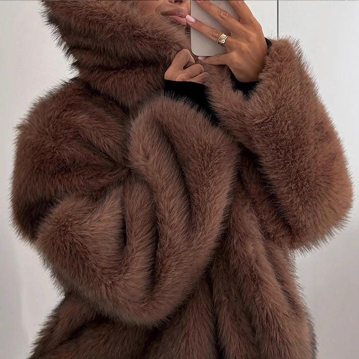 Damen stylischer Kunstfellmantel mit breitem Kragen Drune