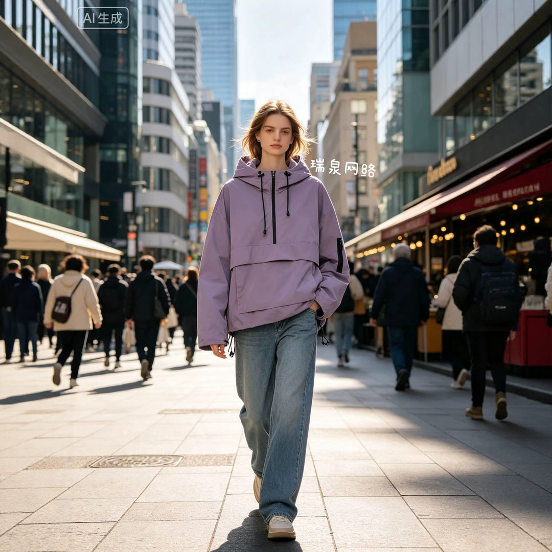 Damen wasserdichter Oversized Anorak mit Kapuze, halbem Reißverschluss und Kängurutasche Drune