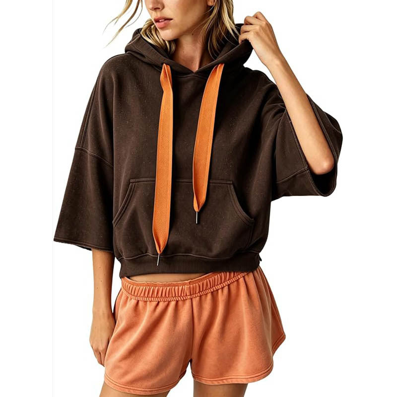 Damen Cropped Kapuzenpullover mit 3/4-Ärmeln und Kängurutasche Drune