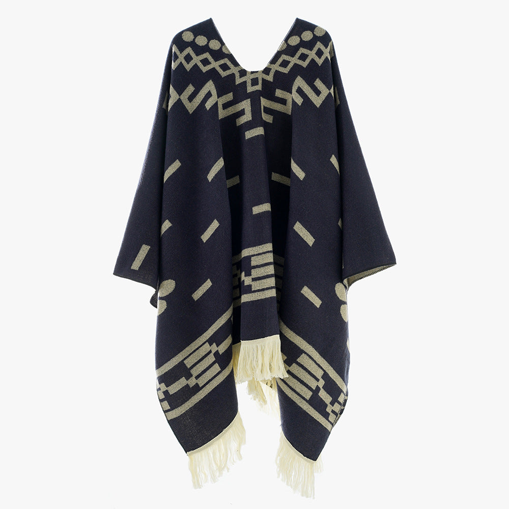 Damen V-Ausschnitt-Poncho im Jacquard-Strick mit Fransenabschluss Drune