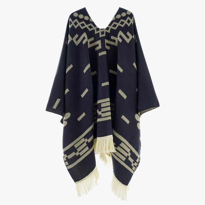 Damen V-Ausschnitt-Poncho im Jacquard-Strick mit Fransenabschluss Drune
