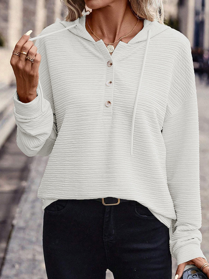 Damen Lässiges strukturiertes Kapuzen-Henley-Shirt mit Knopfleiste und Oversize-Schnitt Drune