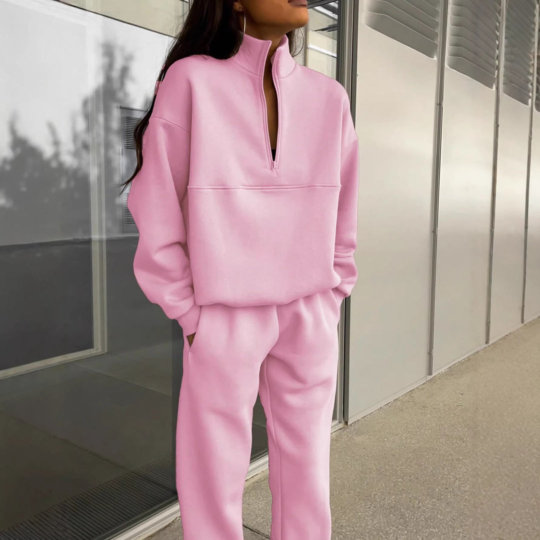 Damen Oversize Sweat-Set mit halbem Reißverschluss, Stehkragen und lässiger Jogginghose Drune