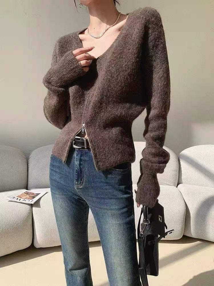 Damen Modische Strickjacke mit tiefem V-Ausschnitt und Reißverschluss Drune