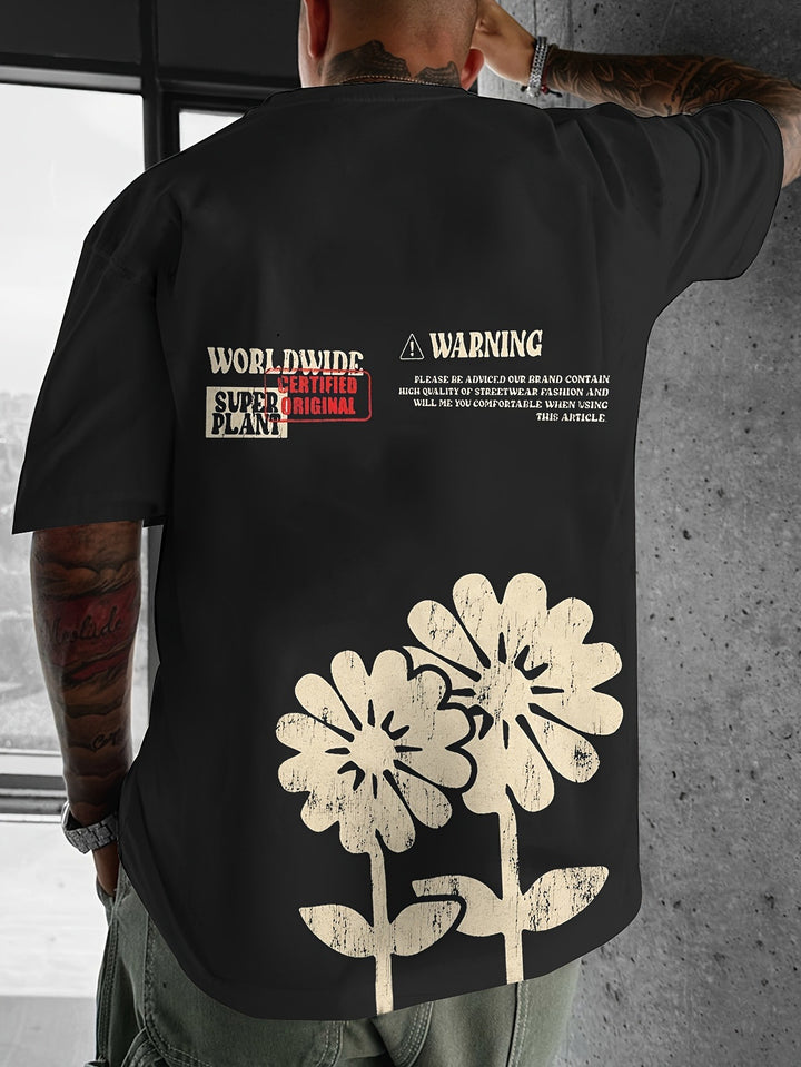 Herren Oversized T-Shirt mit großflächigem Vintage-Blumenprint und Rücken-Slogan Drune