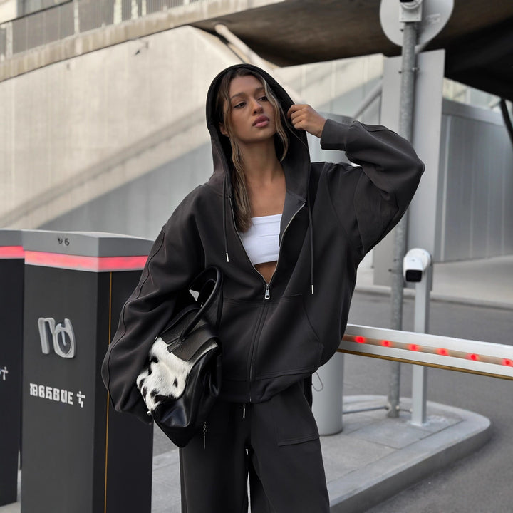 Damen nan oversized Kapuzenjacke mit Reißverschluss und Kängurutasche Drune
