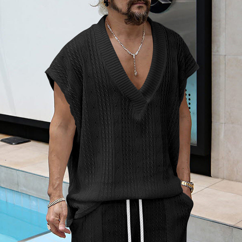 Herren lässiges Strick-T-Shirt mit V-Ausschnitt und oversized Schnitt Drune