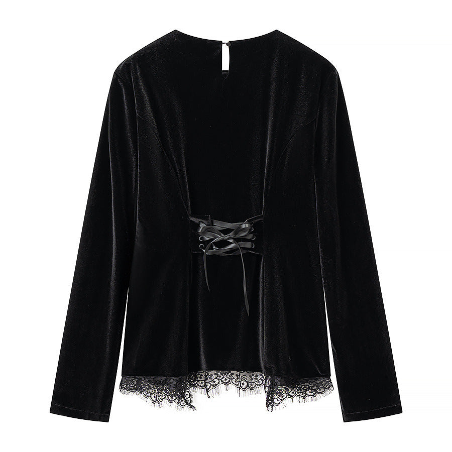 Damen Samtshirt mit asymmetrischem Spitzen-Saum und Schlitzdetail Drune