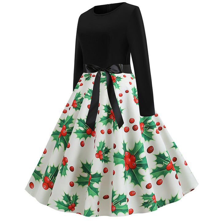 Damen Festliches A‑Linien Tellerrockkleid mit langem Arm, taillierter Passform und Stechpalmenprint Drune