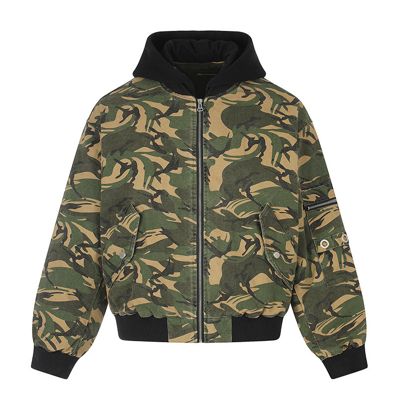 Damen Oversize-Utility Bomberjacke mit Kapuze, Reißverschluss-Front und Ärmel‑Tasche Drune