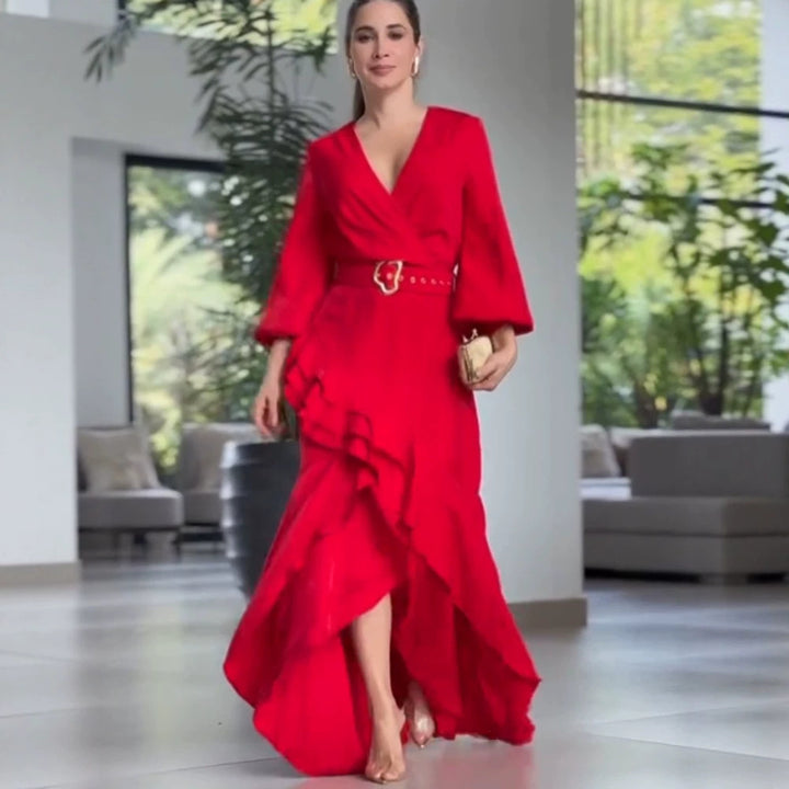 Damen Elegantes Wickel-Maxikleid mit Volants, tailliertem Gürtel & weitem Glockenärmel Drune