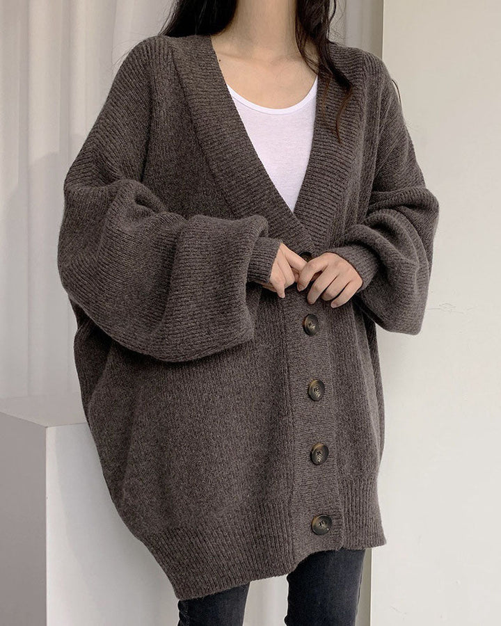 Drune V-Ausschnitt einreihig lockerer Laternenärmel Strickcardigan
