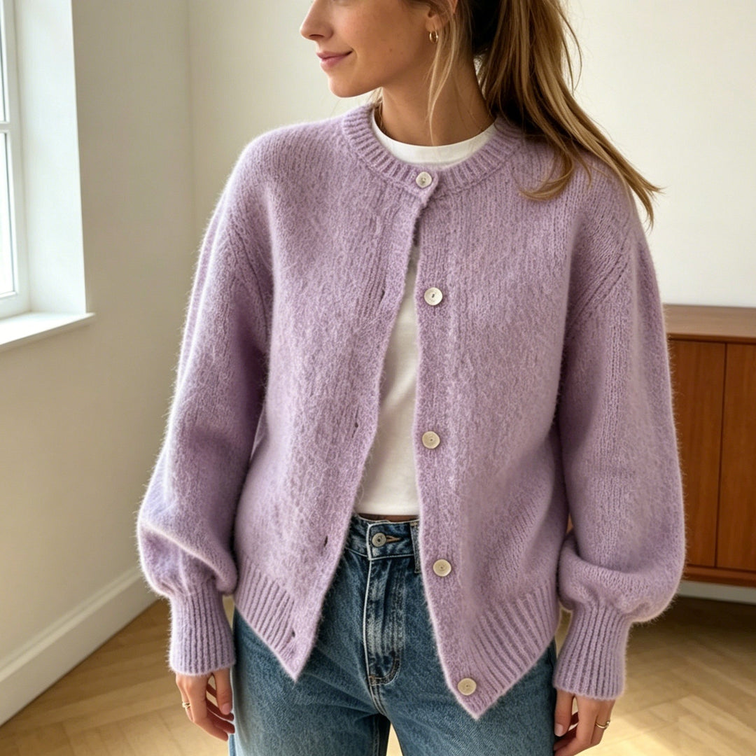 Damen Kuschelige Mohair-Optik Strickjacke mit Rundhals und Ballonärmeln Drune