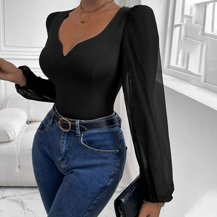 Damen Figurbetontes Body-Top mit herzförmigem Ausschnitt, Puffärmeln und taillierter Silhouette Drune