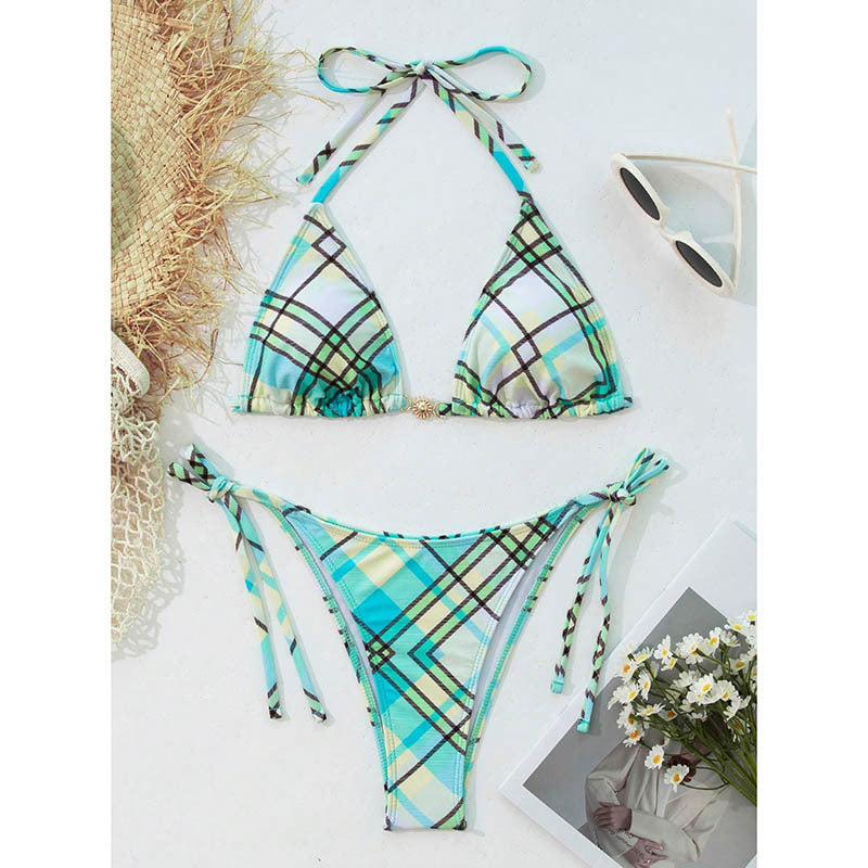 Damen Triangel-Bikini mit modischem Karomuster und verstellbaren Trägern Drune