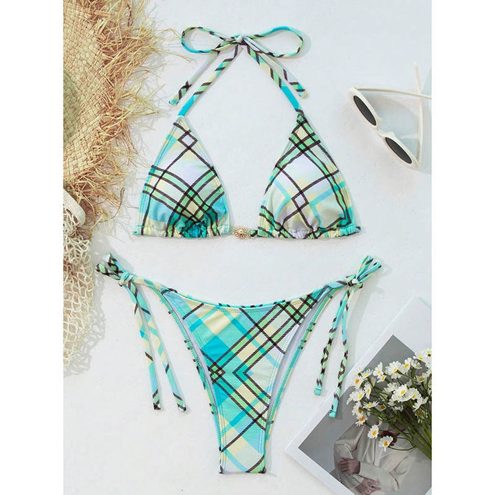 Damen Triangel-Bikini mit modischem Karomuster und verstellbaren Trägern Drune