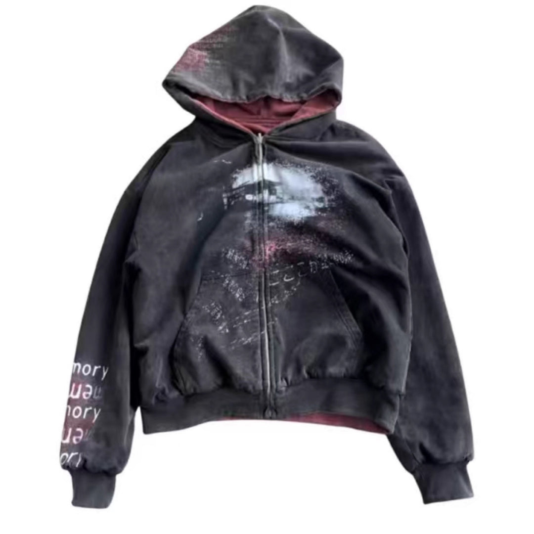 Unisex nan Kapuzenjacke mit durchgehendem Reißverschluss, Used‑Effekt, doppellagiger Kapuze und Ärmeldruck Drune