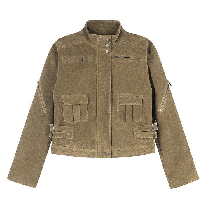 Damen Kurz geschnittene Wildlederjacke mit Stehkragen, Utility-Taschen und Seiten-Schnallen Drune