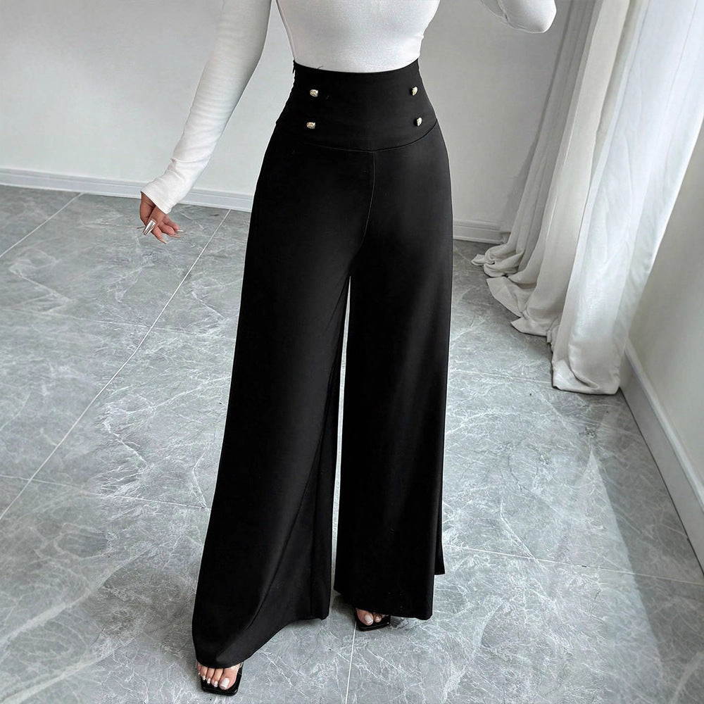 Damen Fließende Palazzo-Hose mit hohem Taillenbund und eleganten Knopfdetails Drune
