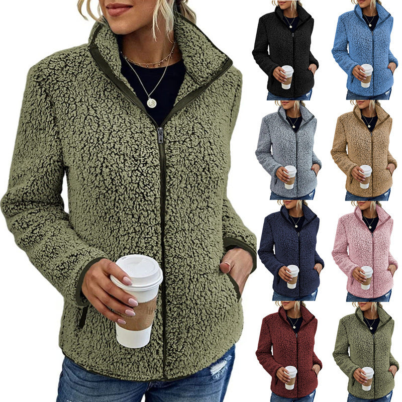 Damen flauschige Fleecejacke mit hohem Kragen und seitlichen Taschen Drune