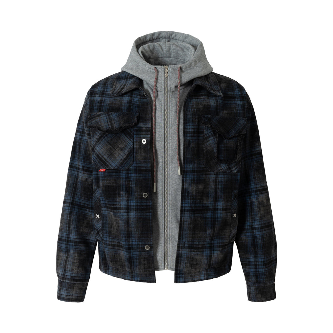 Herren karierte Layer‑Hemdjacke mit integrierter Kapuzen‑Innenjacke Drune